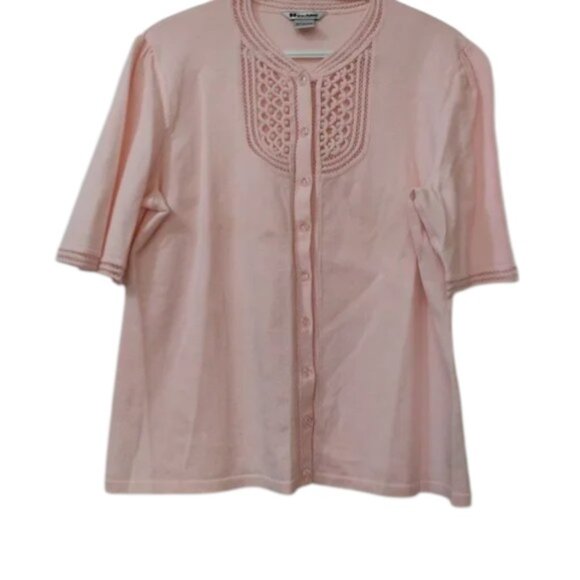 Nygard Collection Pink Lace Trim Button Front Short Sleeve Blouse Women’s L - Picture 6 of 7